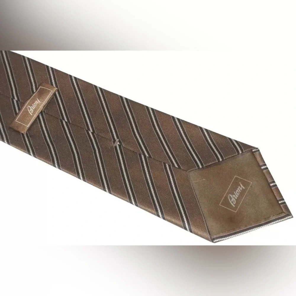 NEW BRIONI NECK TIE 100% SILK SATIN LT BROWN BLACK & WHITE ROPE DIAGONAL STRIPE